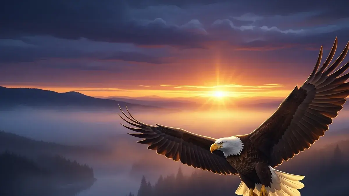 Illustration for the guide: sunrise breaking over an eastern horizon, an eagle rising into first light