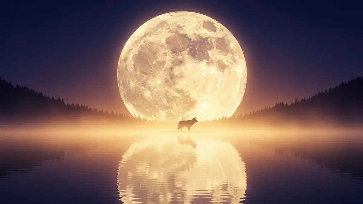 Illustration for the guide: a huge full moon over a still mirror lake, a lone wolf silhouette on the shore