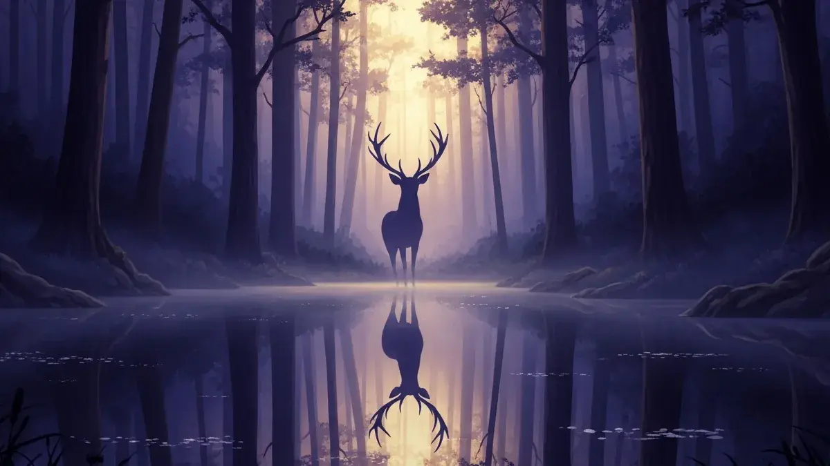 Illustration for the guide: a still forest pool reflecting the shape of a deer that is not there