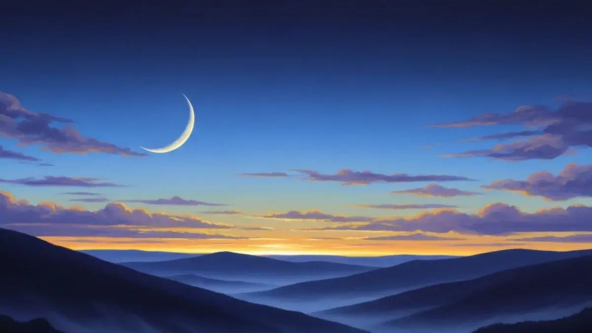 Illustration for the guide: a thin crescent moon fading into a cool blue dawn over calm hills