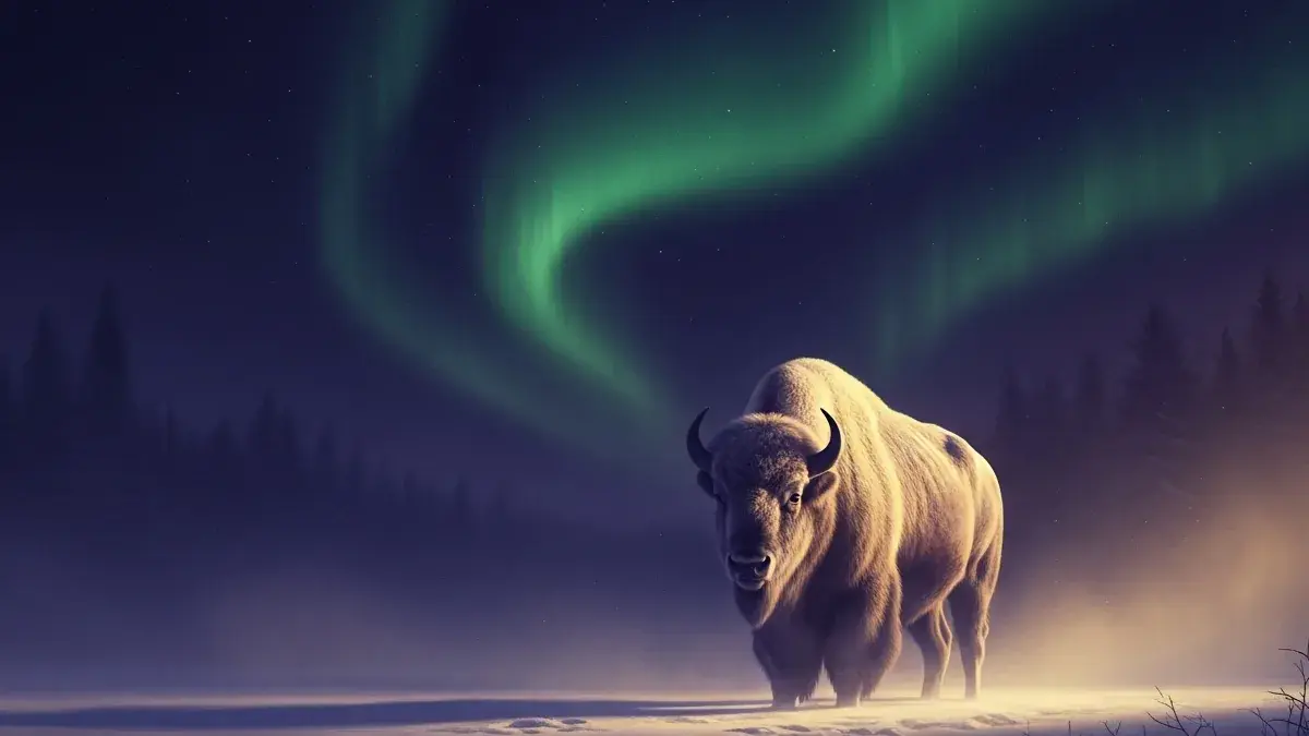 Illustration for the guide: a snowy northern wilderness under green aurora, a white bison standing still