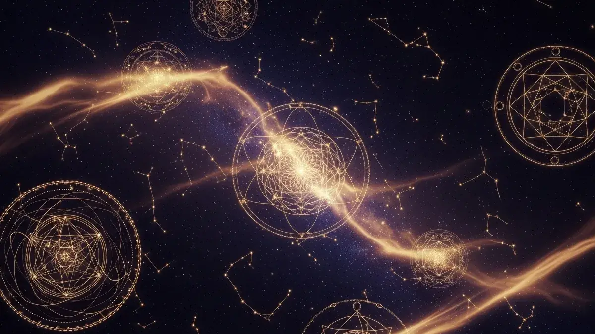 Illustration for the guide: glowing sacred geometry circles and constellations in a deep night sky