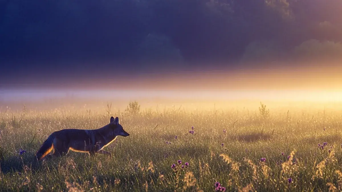 Illustration for the guide: a warm sunlit summer meadow at noon, a coyote walking through tall grass