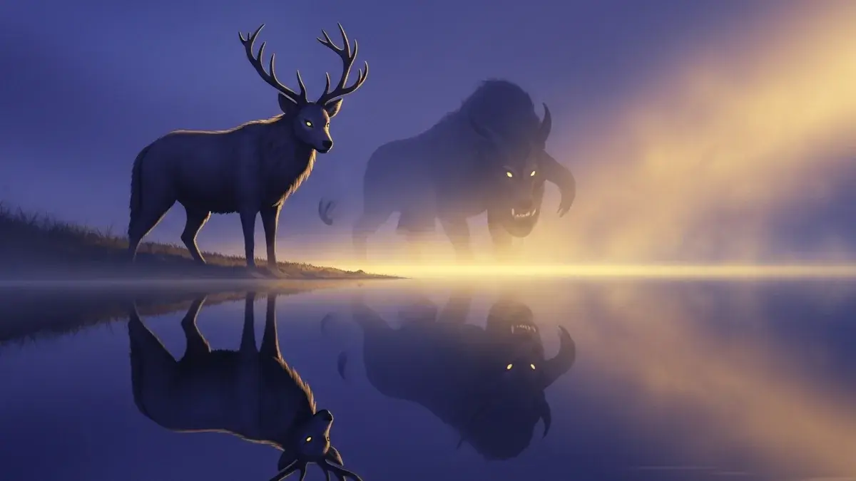 Illustration for the guide: an animal at the water's edge whose reflection is a darker, larger beast