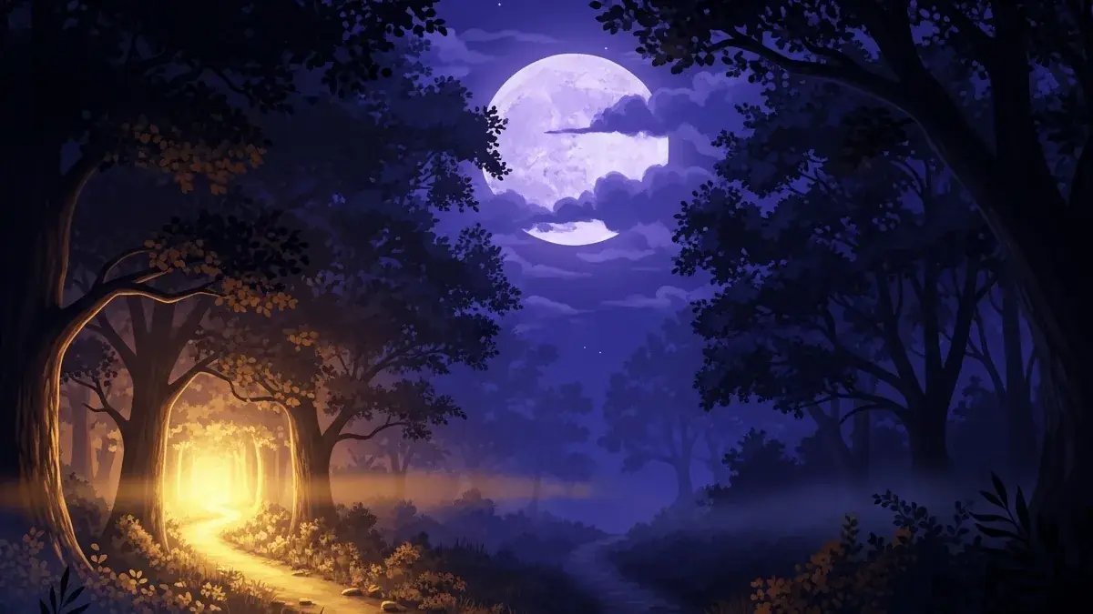 Illustration for the guide: two forest paths diverging under moonlight, one lit and one dark
