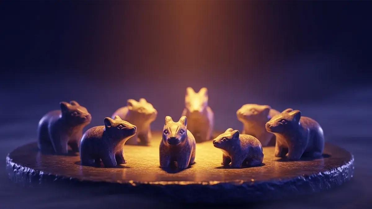 Illustration for the guide: small hand-carved stone animal figurines arranged on dark polished stone, warm lamplight