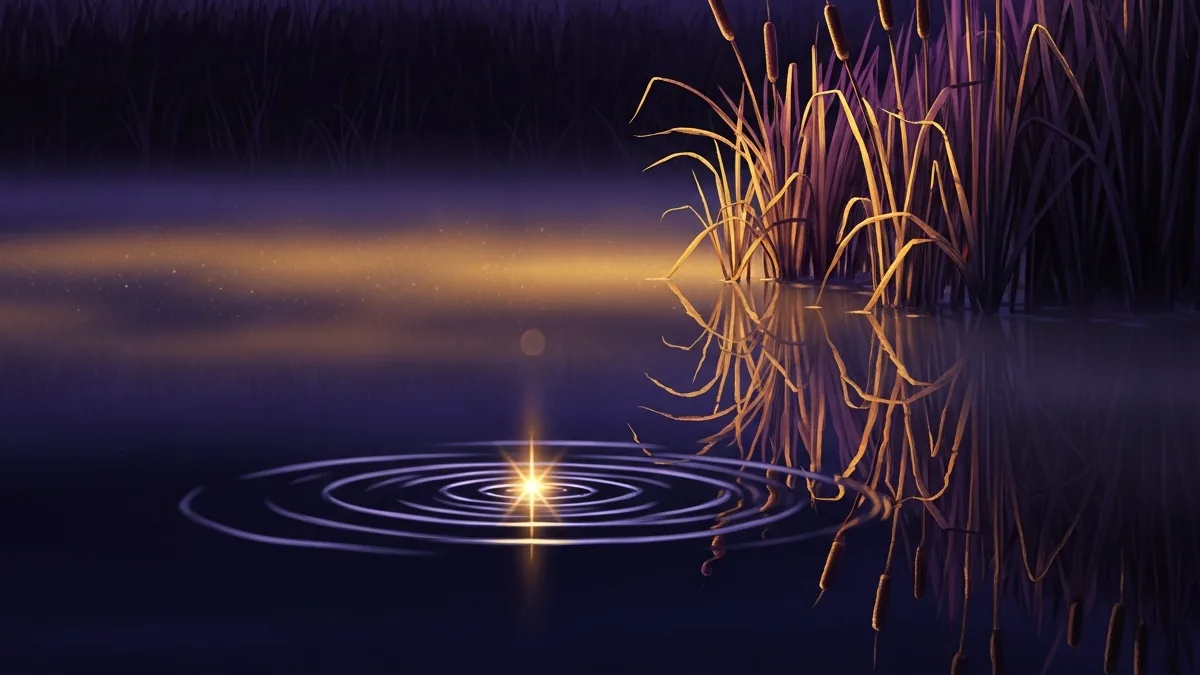 Illustration for the sign: a still pool of dark water at night reflecting a single star, one ripple crossing it, reeds at the edge, plum and gold, no visible text, painterly