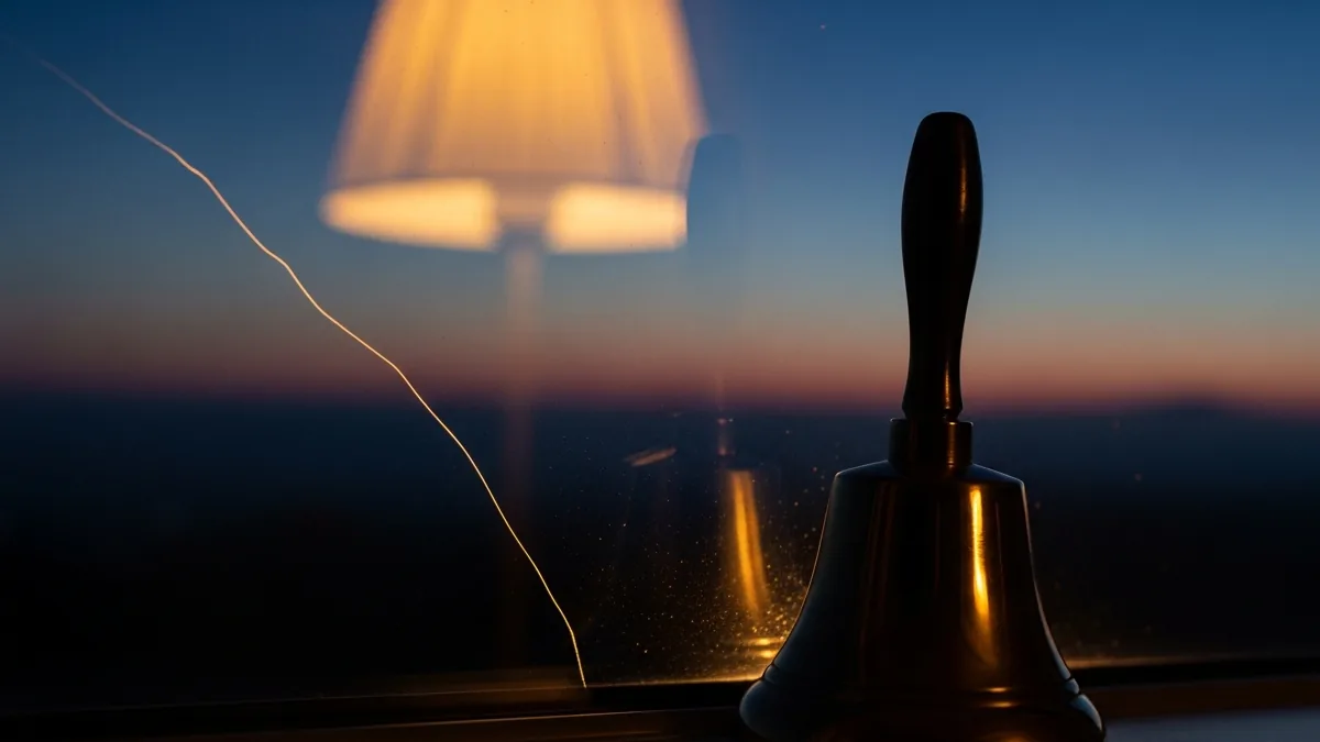 Illustration for the sign: a small brass hand-bell resting on a windowsill at dusk, warm lamplight behind it, one hairline crack of gold light across the glass, still and expectant, painterly