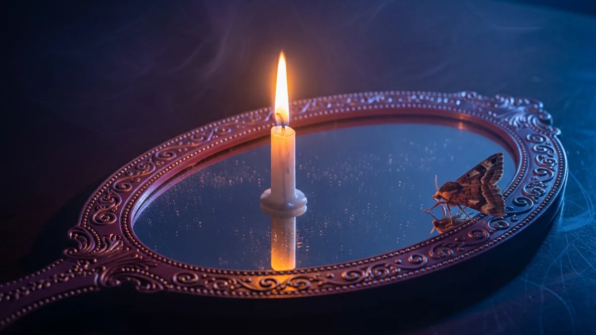 Illustration for the sign: a small oval hand-mirror face-up on a dark table at night, one candle reflected in it, a moth on its rim, plum and gold, no visible text, painterly