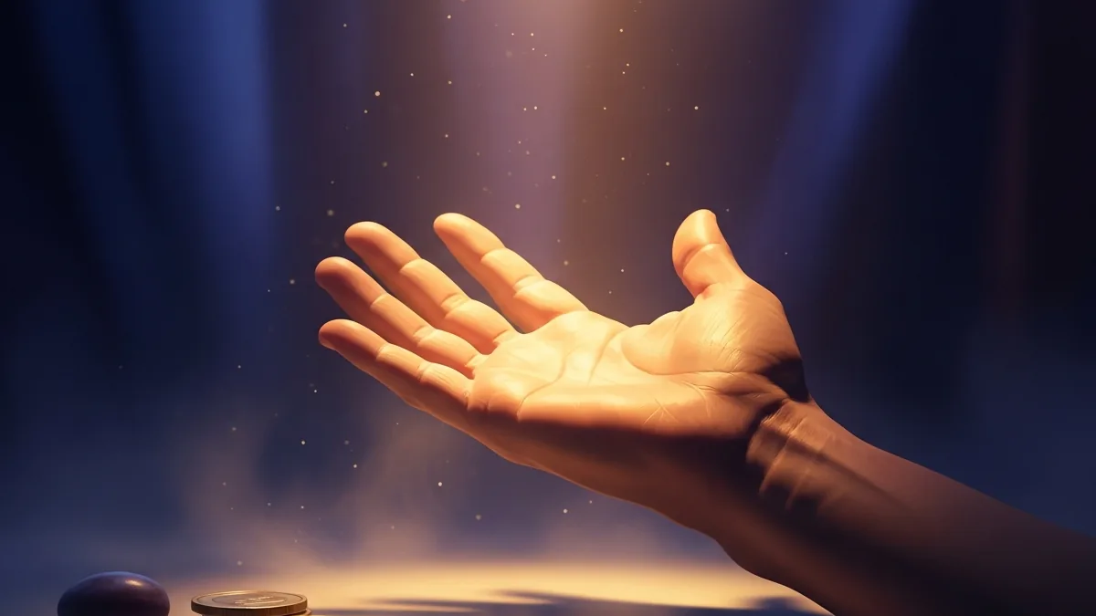 Illustration for the sign: an open empty palm held up in warm lamplight against a dark room, a few coins on the table below just out of focus, plum and gold, painterly