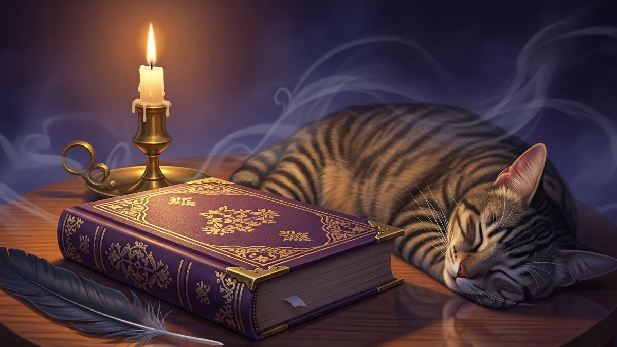 An old closed book with brass corners on a dark table beside a raven feather, a lit candle and a sleeping tabby cat