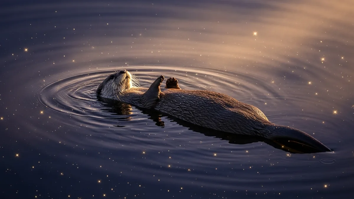 Illustration for an otter floating on its back in still dark water, ripples spreading out into reflected stars