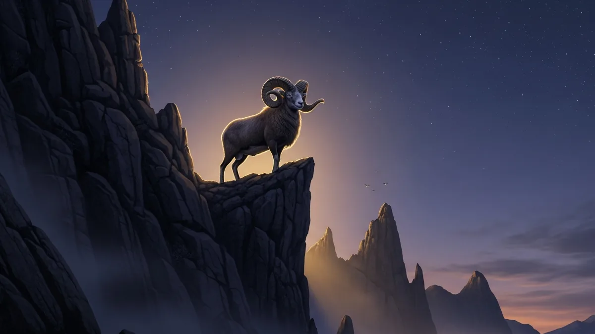Illustration for a ram standing on a high rocky ridge at first light, bright scattered stars still visible above