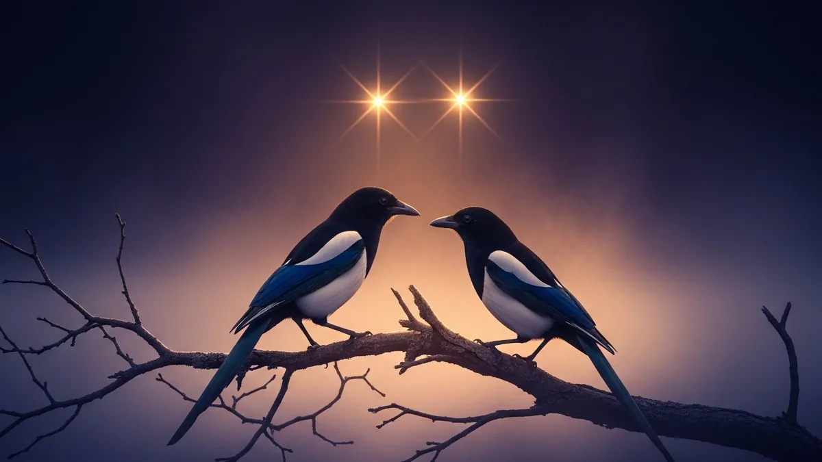 Illustration for two magpies facing one another on a bare branch beneath twin bright stars