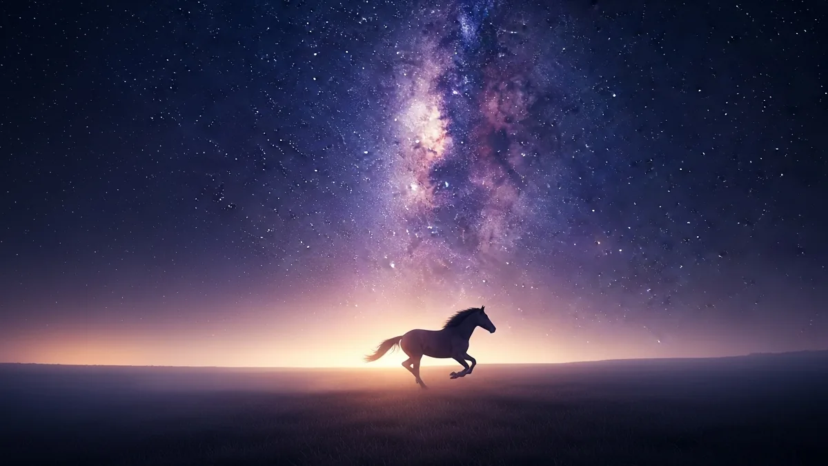 Illustration for a horse galloping across an open plain beneath the dense bright band of the Milky Way