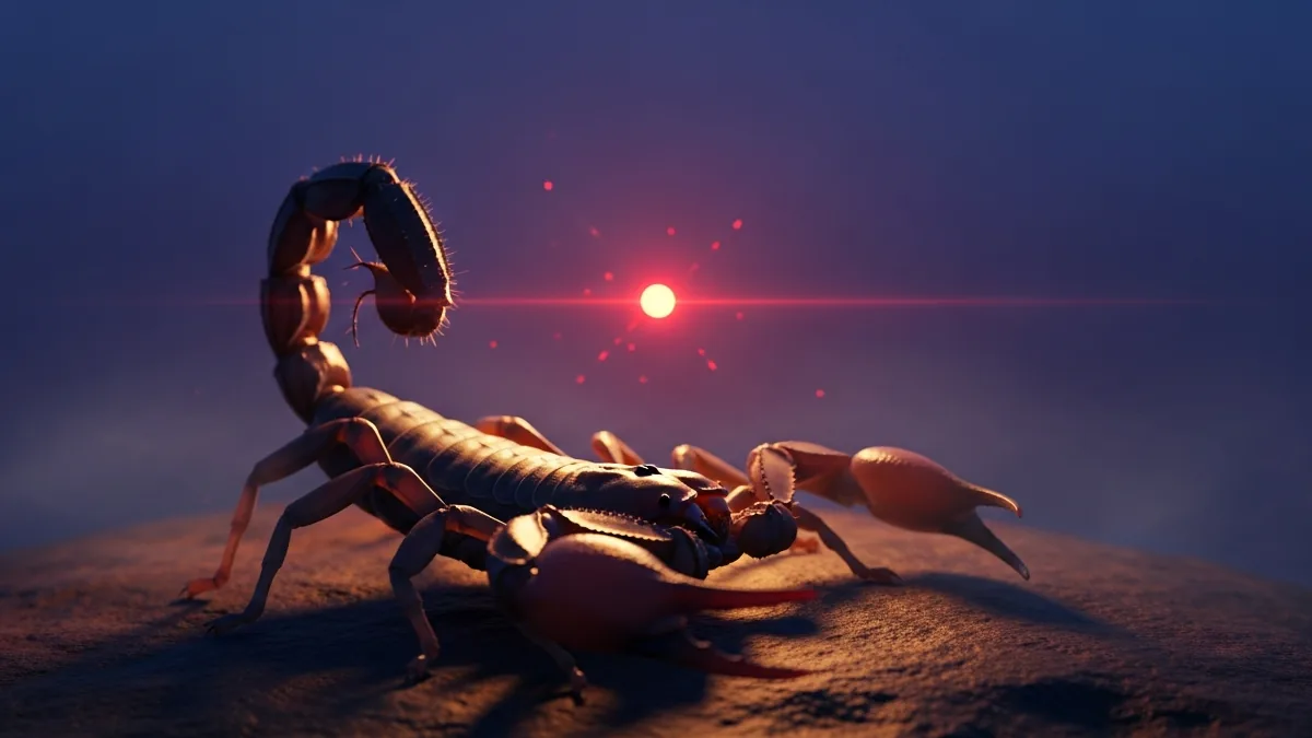 Illustration for a single scorpion close up on dark desert stone at night, one deep red star burning low in the clear sky above it