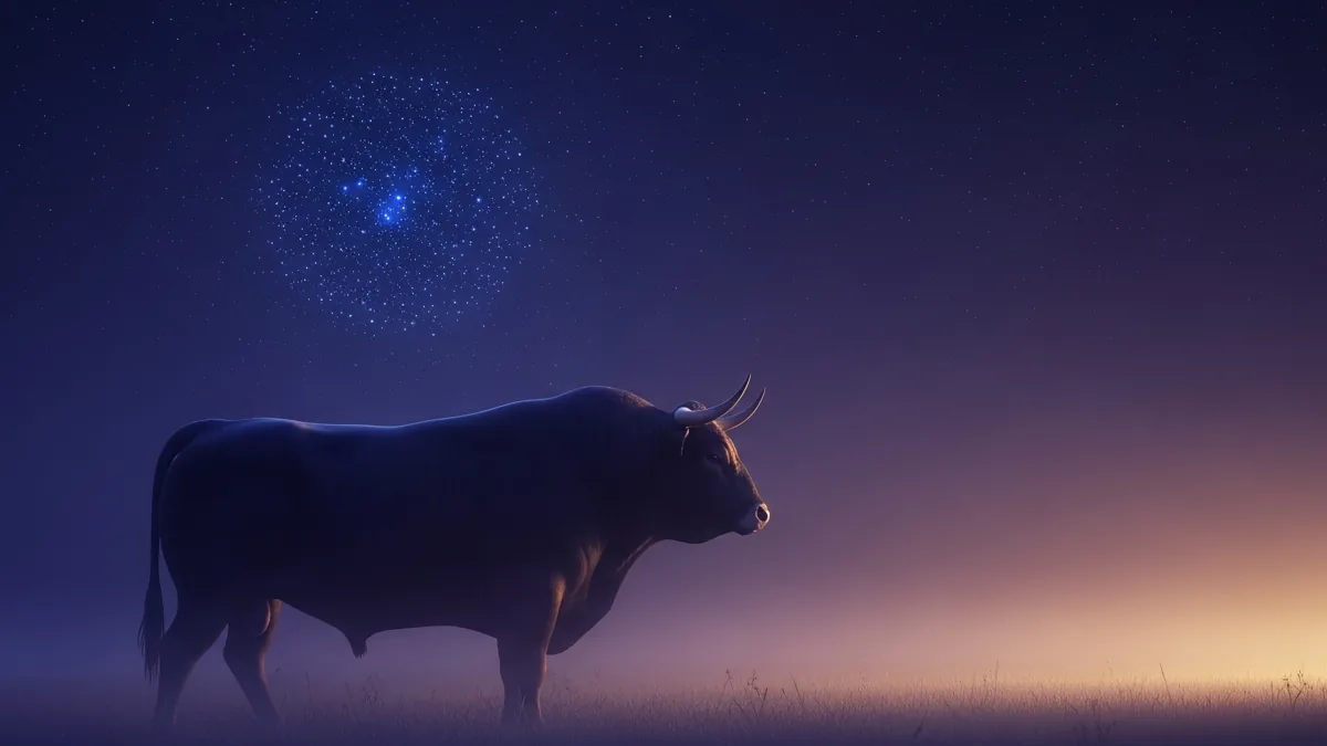 Illustration for a great black bull standing in a misty night meadow, seen from the side, a tight cluster of small blue stars high in the sky above and behind it